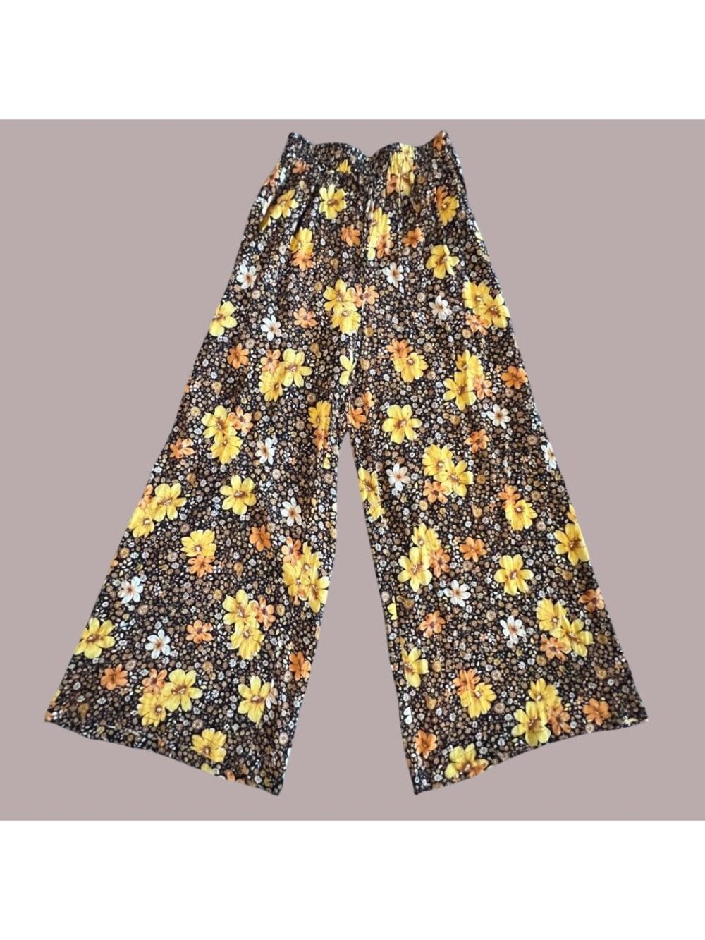 Blue Rain Floral Wide-Leg Pants Yellow & Black Womens Medium Elastic Waist Light
